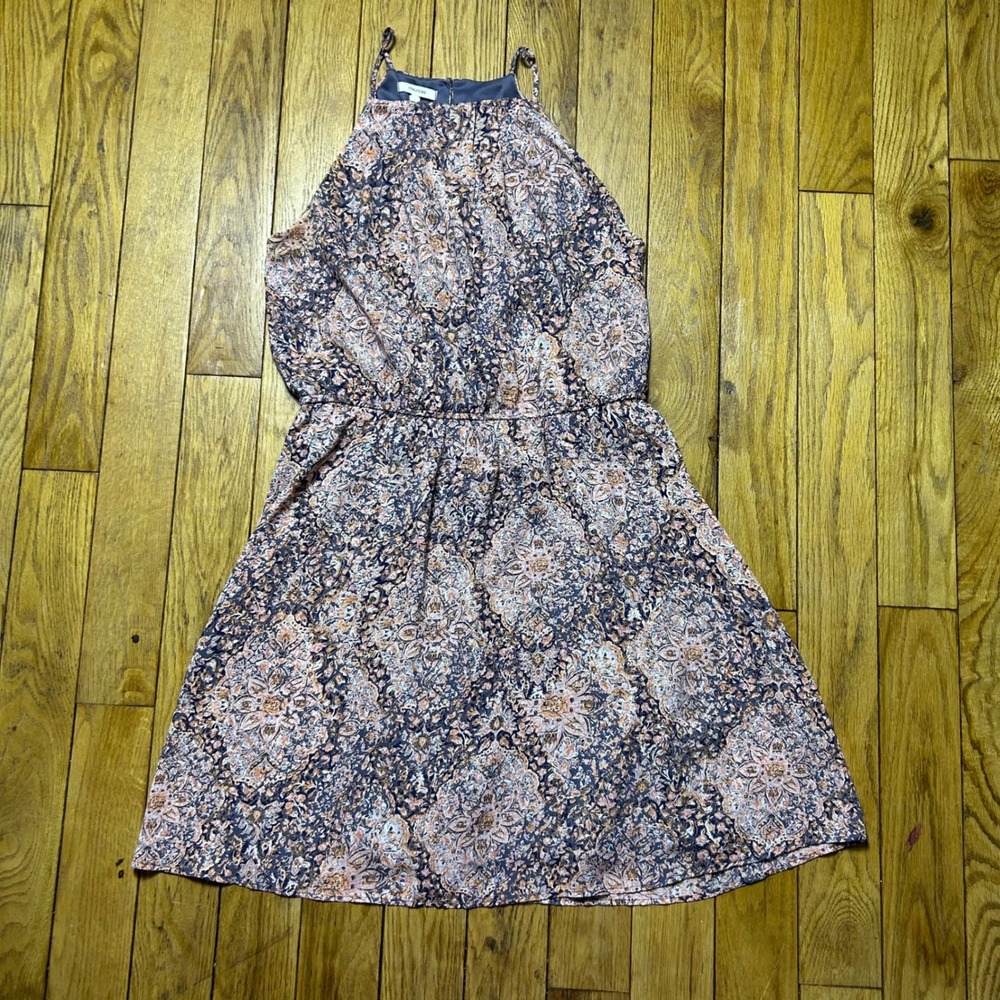 Maurices Halter Neck Paisley Medallion Mini Dress Navy Peach Elastic Waist L